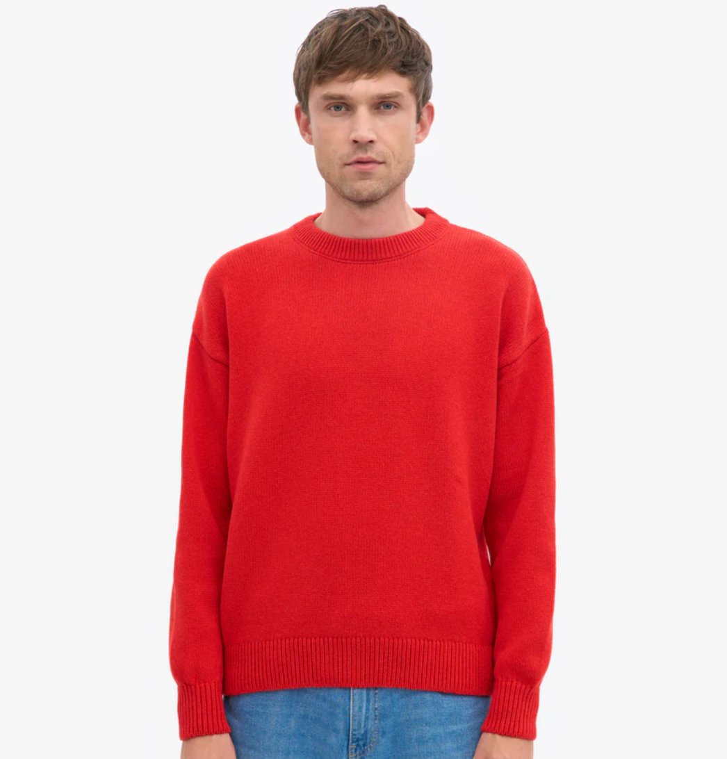 Oversized Merino Wool Crewneck Sweater, Red Tangerine